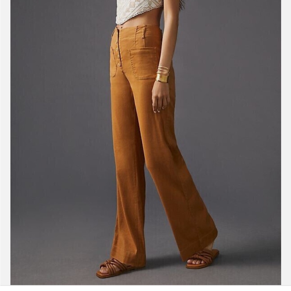Anthropologie Maeve Relaxed Wide-Leg Trousers Pants High Rise Linen Cedar